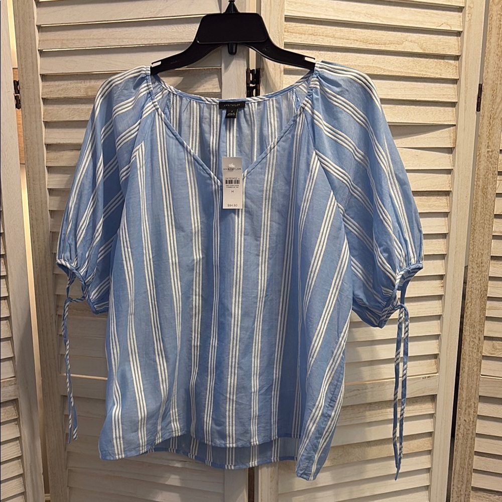 Ann Taylor Blue Puff Sleeve Blouse with Tie Front